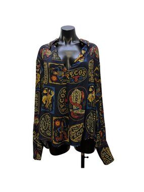 Double D Ranch Navy Rodeo Print Button-Down Blouse Long Sleeve L